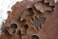 Gingerbread dough rolled out on a floured roll and various shapes of metal Christmas cookies cutters Royalty Free Stock Photo