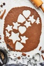 Gingerbread dough with various shape cookie cutout Royalty Free Stock Photo