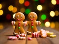 Gingerbread Family Cookies and candy Canes at wooden table with red green bokeh background