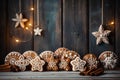Gingerbread gingerbread hanging from a string as Christmas decorations on a dark wooden background. AI-Generated