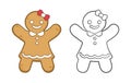Gingerbread girl cookie outline and colored doodle cartoon illustration set. Winter Christmas food theme coloring book page