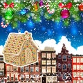 Gingerbread haus on the background of snow-covered streets. New Year design background. Falling snow.