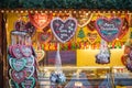 Gingerbread hearts on display at Christmas market winter wonderland in London Royalty Free Stock Photo