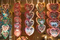 Gingerbread hearts on display at Christmas market in Hyde Park Winter Wonderland in London Royalty Free Stock Photo