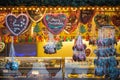 Gingerbread hearts on display at Christmas market winter wonderland in London Royalty Free Stock Photo