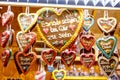 Gingerbread Hearts at German Christmas Market. Nuremberg, Munich, Fulda, Berlin, Hamburg xmas market in Germany. In Royalty Free Stock Photo