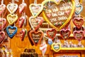 Gingerbread Hearts at German Christmas Market. Nuremberg, Munich, Fulda, Berlin, Hamburg xmas market in Germany. In Royalty Free Stock Photo