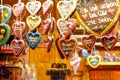 Gingerbread Hearts at German Christmas Market. Nuremberg, Munich, Fulda, Berlin, Hamburg xmas market in Germany. In Royalty Free Stock Photo