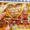 Gingerbread Hearts at German Christmas Market. Nuremberg, Munich, Fulda, Berlin, Hamburg xmas market in Germany. In Royalty Free Stock Photo