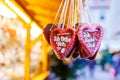 Gingerbread Hearts at German Christmas Market. Nuremberg, Munich, Fulda, Berlin, Hamburg xmas market in Germany. In Royalty Free Stock Photo