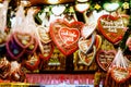 Gingerbread Hearts at German Christmas Market. Nuremberg, Munich, Fulda, Berlin, Hamburg xmas market in Germany. In Royalty Free Stock Photo