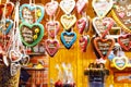 Gingerbread Hearts at German Christmas Market. Nuremberg, Munich, Fulda, Berlin, Hamburg xmas market in Germany. In Royalty Free Stock Photo