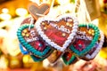 Gingerbread Hearts at German Christmas Market. Nuremberg, Munich, Fulda, Berlin, Hamburg xmas market in Germany. In Royalty Free Stock Photo