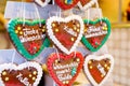 Gingerbread Hearts at German Christmas Market. Nuremberg, Munich, Fulda, Berlin, Hamburg xmas market in Germany. In Royalty Free Stock Photo