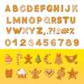 Gingerbread holidays cookies font alphabet. Christmas or New Year winter food with decorated glazed sugar. Gingerbread cookies