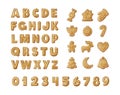 Gingerbread holidays cookies font alphabet. Christmas or New Year winter food with decorated glazed sugar. Gingerbread cookies in