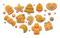 Gingerbread holidays cookies font alphabet. Christmas or New Year winter food with glazed sugar. Gingerbread cookies in shape