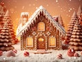Gingerbread house background. Homemade Christmas Gingerbread House on table over blurred colored background. Christmas background