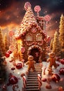 a gingerbread house with candy canes in it on a snow covered hill