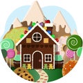 Gingerbread house with Candy trees and sweet mountains in the background. Illustration of a pastry shop with a landscape Royalty Free Stock Photo