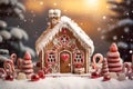 A gingerbread house for Christmas adorned with royal icing, candy canes, and gumdrops Royalty Free Stock Photo