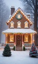 Gingerbread House And Christmas Lights In A Misty Morning Settin. Generative AI
