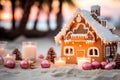 Gingerbread house and Christmas ornaments on a sandy beach against sea and palm trees background. Happy holidays and festive Royalty Free Stock Photo