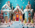 Gingerbread house with colorful decorations is an anniversary smash cake backdrop.