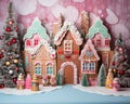 Gingerbread house with colorful decorations is an anniversary smash cake backdrop.