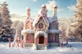 Gingerbread house with colorfull decorations, anniversary smash cake backdrop