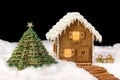 Gingerbread house and cookie christmas tree Royalty Free Stock Photo