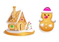 Gingerbread house decorated candy icing and snowman . Christmas cookies, traditional winter holiday xmas homemade baked sweet food Royalty Free Stock Photo