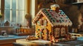 gingerbread house decorated with icing and candy in warm kitchen . Royalty Free Stock Photo