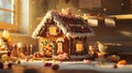 gingerbread house decorated with icing and candy in warm kitchen . Royalty Free Stock Photo