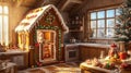 gingerbread house decorated with icing and candy in warm kitchen . Royalty Free Stock Photo