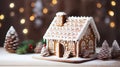 Gingerbread house on a festive table with bokeh lights in the background, Merry Christmas, Advent time, greeting Card. Banner with