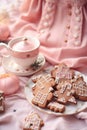 Gingerbread house food photography in pink and white colors, candycore aesthetics. Traditional Christmas backing in