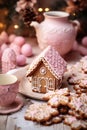 Gingerbread house food photography in pink and white colors, candycore aesthetics. Traditional Christmas backing in