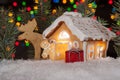 Gingerbread house with gingerbread man, elk and christmas trees Royalty Free Stock Photo