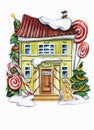 Gingerbread house hand drawn watercolor illustration. Fabulous hut exterior and decorated New Year trees