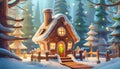 Gingerbread house hidden in a snowy forest. Night view. Royalty Free Stock Photo