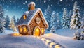 Gingerbread house hidden in a snowy forest. Night view. Royalty Free Stock Photo