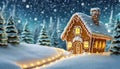 Gingerbread house hidden in a snowy forest. Night view. Royalty Free Stock Photo