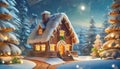 Gingerbread house hidden in a snowy forest. Night view. Royalty Free Stock Photo