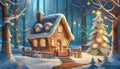 Gingerbread house hidden in a snowy forest. Night view. Royalty Free Stock Photo