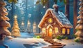 Gingerbread house hidden in a snowy forest. Night view. Royalty Free Stock Photo