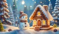 Gingerbread house hidden in a snowy forest. Night view. Royalty Free Stock Photo