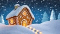 Gingerbread house hidden in a snowy forest. Night view. Royalty Free Stock Photo