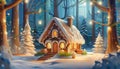 Gingerbread house hidden in a snowy forest. Night view. Royalty Free Stock Photo