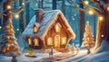 Gingerbread house hidden in a snowy forest. Night view. Royalty Free Stock Photo